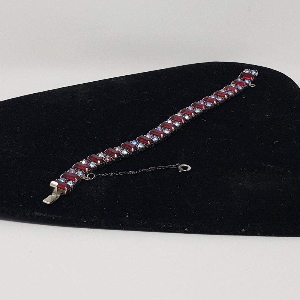 Signed Ruby Red Lucite & Austrian Crystal Bracelet - image 1